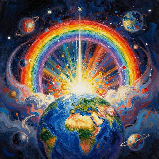 Vibrant digital artwork of Earth at the center with a radiant rainbow arc above, surrounded by planets, stars, and cosmic clouds. Bright, colorful
