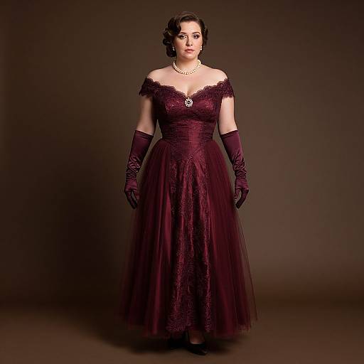 Photograph of a fair-skinned woman with dark hair in an off-the-shoulder, deep burgundy lace gown, matching gloves, and necklace