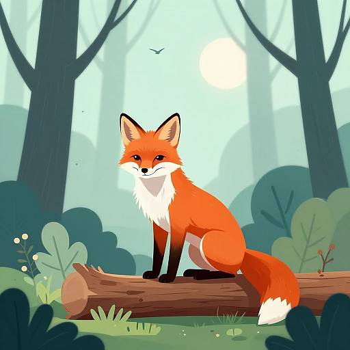 Digital illustration of a vibrant red fox with white chest and black paws, sitting on a log in a misty, blue-green forest.