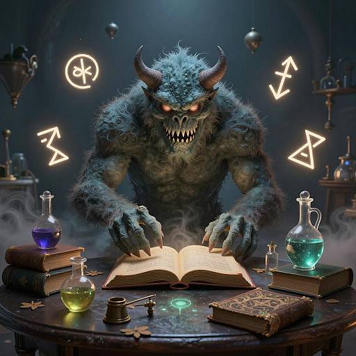 Digital art: Blue, horned, furry demon with glowing red eyes and sharp teeth, casting spells over an open book surrounded by magical potions and symbols