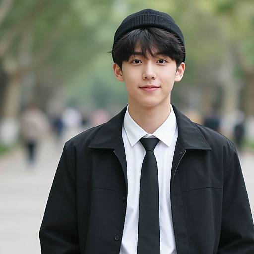 Photograph of an Asian young man with black hair, wearing a black beanie, white shirt, black tie, and black jacket, standing in a
