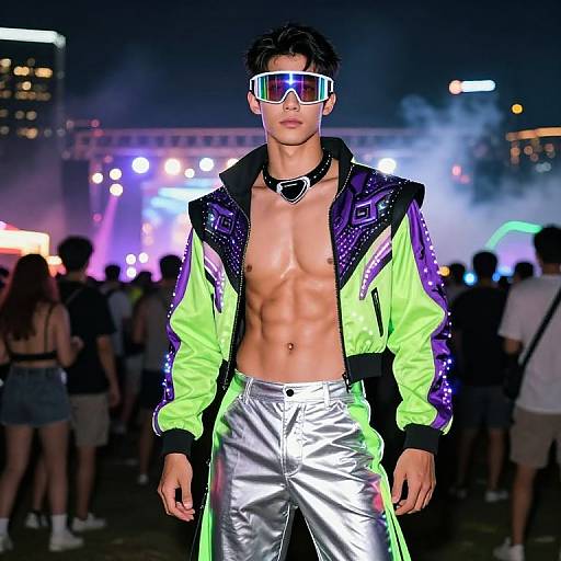 Photograph of a muscular Asian male model with visible abs, wearing a neon green and purple jacket, silver pants, VR headset, and black choker