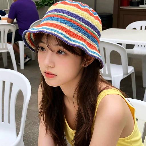 Young woman in colorful striped hat