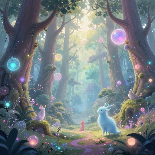 Whimsical forest scene: glowing bubbles surround two ethereal creatures, one white deer, one pink rabbit, illuminated by sunlight filtering through towering trees.