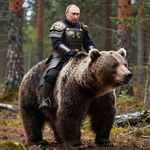 Putin Riding Bear Through Siberian Forest