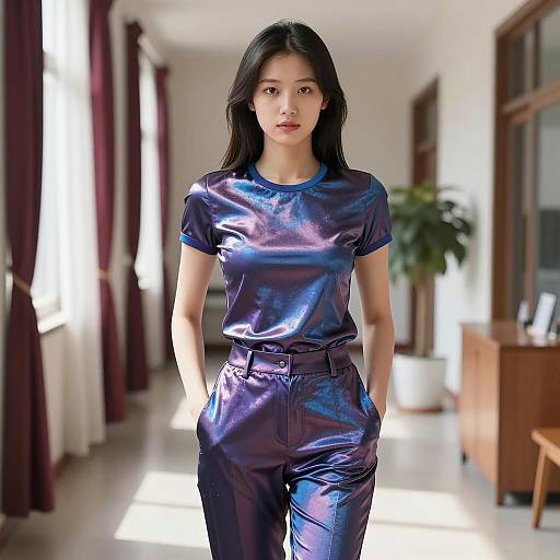 Young Asian Woman in Shiny Metallic Outfit