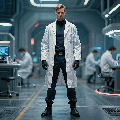 Photograph of a serious man in a white lab coat, black gloves, and pants standing in a futuristic, dimly-lit lab with blurred technicians