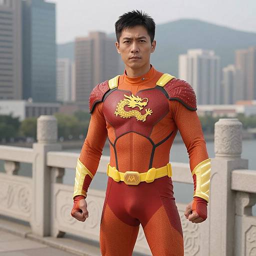 Asian Superhero on Stone Bridge