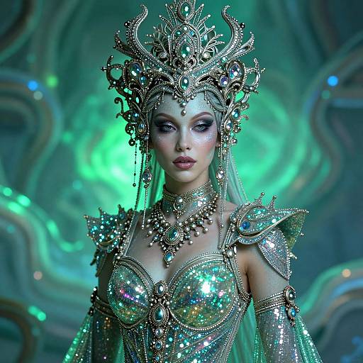Digital art of a regal, fair-skinned woman with intricate silver crown and armor, shimmering green and silver dress, glowing green background.