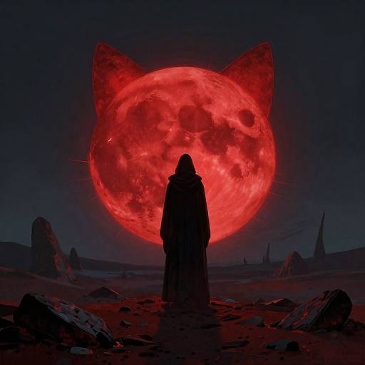 Silhouetted figure in hooded cloak faces massive, glowing red cat-shaped moon in dark, rocky landscape. Digital artwork. Red moon dominates night