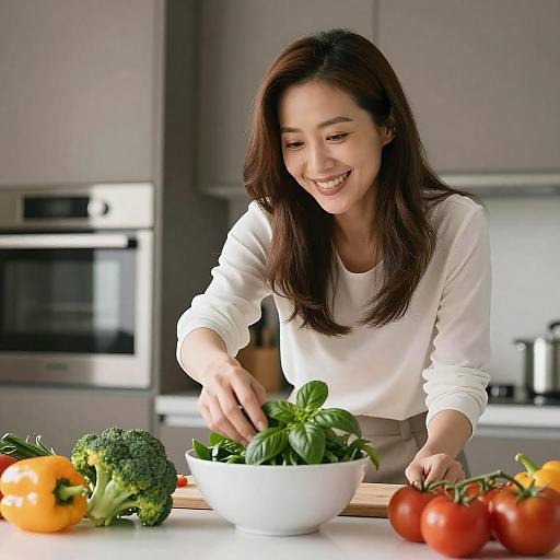 Smiling Asian Woman in Modern Kitchen