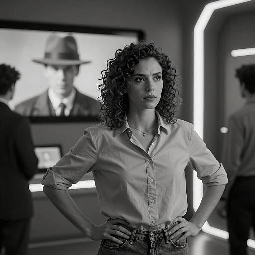 Curly haired woman in futuristic room