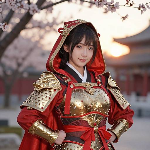 Photograph of a Japanese woman in elaborate red and gold samurai armor with cherry blossoms in the background at sunset.