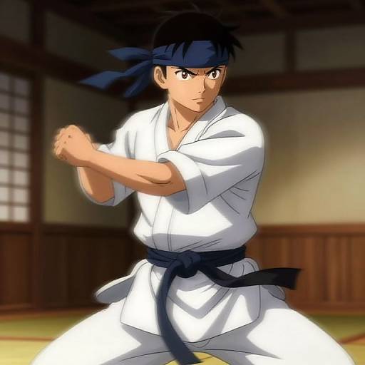 Anime-style digital drawing of a determined young male martial artist with black hair, blue headband, white gi, and black belt, striking a fighting pose