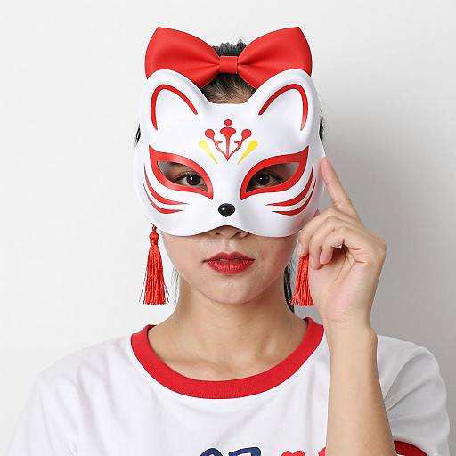 Asian Woman Wearing Fox Mask with Red Bow