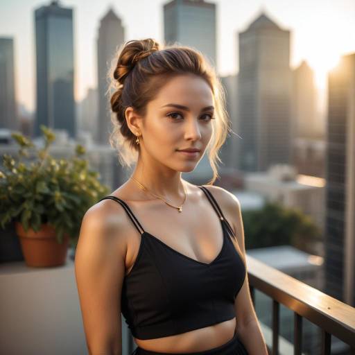 Young woman on city balcony at sunset