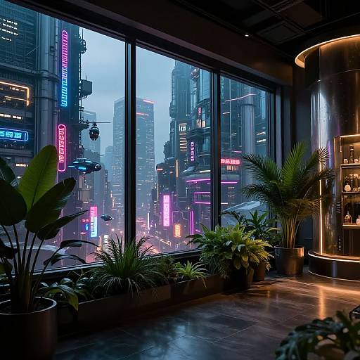 Neon-lit urban skyline view from a modern, indoor plant-filled office with large windows, showcasing vibrant city lights at dusk.