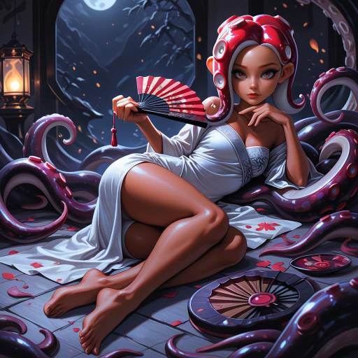 Octarian Character with Tentacle Hair and Fan
