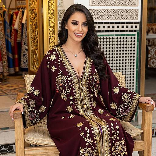 Photograph of a smiling woman with long black hair, wearing an ornate brown and gold embroidered traditional dress, sitting on a wicker chair in a