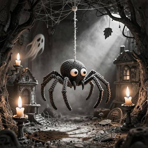 Photograph of a textured, spider-shaped decoration with large eyes, hanging in a dark, spooky graveyard, illuminated by candles and moonlight.