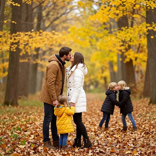Photograph of a bearded man and woman kissing in a forest with autumn leaves, surrounded by two children in warm coats.