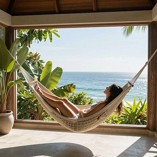 Photograph of a woman with curly hair, sunbathing in a white hammock, overlooking a vibrant tropical beach with lush greenery.