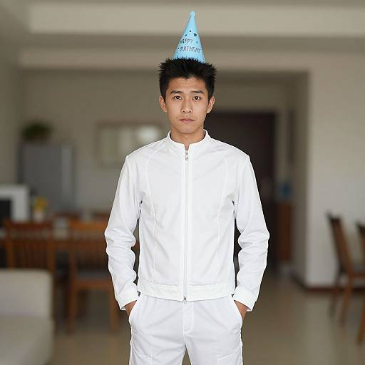Photograph of an Asian teenage boy with short black hair, wearing a blue party hat and white outfit, standing indoors with hands in pockets, blurred living