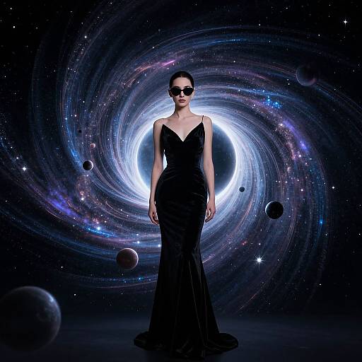 Photograph of a woman in a black, V-neck, sleeveless gown standing in a swirling, cosmic galaxy with stars, planets, and a bright