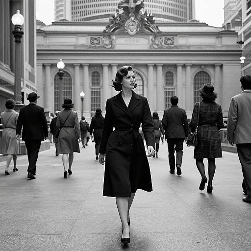 Black-and-white photograph of a 1950s-style woman in a dark coat and heels, walking confidently through a bustling city plaza with ornate architecture