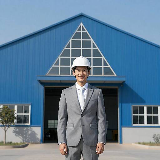 Smiling Engineer in Front of Industrial Building
