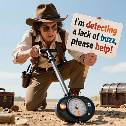 Photograph of a rugged, curly-haired man in a cowboy hat and sunglasses, crouching in a desert, holding a pickaxe on a treasure