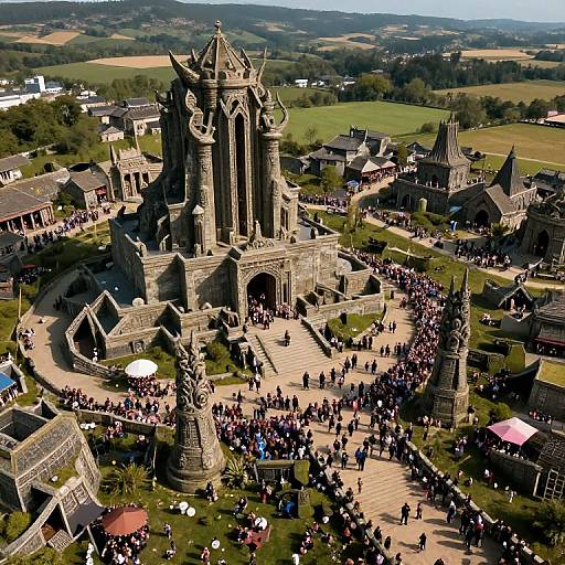 Aerial photograph of a bustling, Gothic-style cathedral with intricate stone architecture, surrounded by crowds, green fields, and distant hills.
