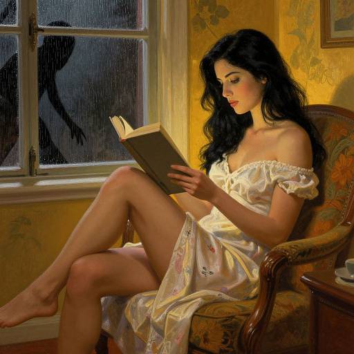 Photorealistic painting of a fair-skinned woman with long black hair, wearing a white floral off-shoulder nightgown, reading a book