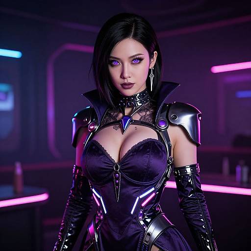 Digital art of a fierce, attractive woman with glowing purple eyes, black bob haircut, wearing a shiny black latex corset and armor, set in a