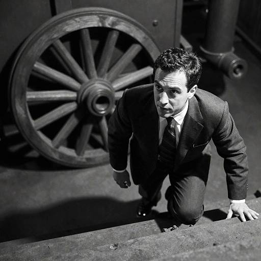 Industrial Man Climbing Stairs in Shadows