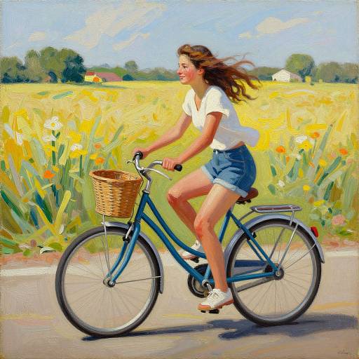 Oil painting of a smiling young woman with brown hair, wearing a white shirt and blue shorts, riding a blue bicycle through a sunlit field of yellow
