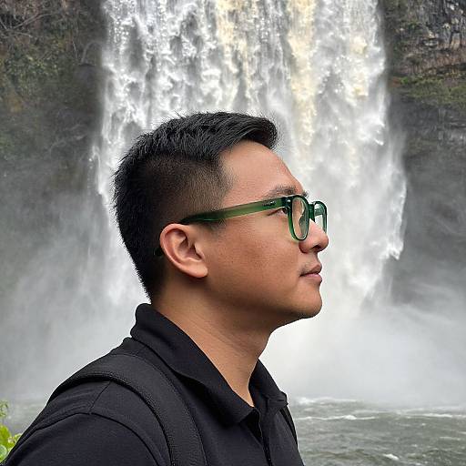 Photograph of an Asian man with short black hair, green-framed glasses, and black shirt, profile view, standing before a powerful waterfall.