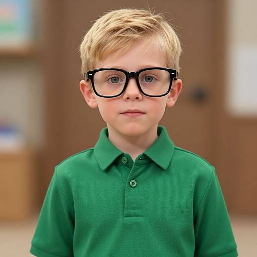 Photograph of a young boy with blonde hair, wearing black glasses and a green polo shirt, standing indoors with a blurred brown door and shelves in the