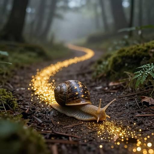 Photograph of a glowing snail on a path in a misty forest, trailing sparkling lights along the moist, mossy ground.