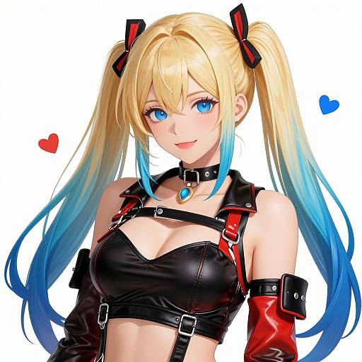 Digital anime-style drawing of a blonde, blue-eyed woman with twin-tails, wearing a black leather crop top, red arm braces, and black ch