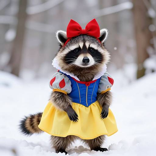 Photograph of a raccoon dressed in a Disney Snow White costume with a red bow, white blouse, blue bodice, and yellow skirt, standing