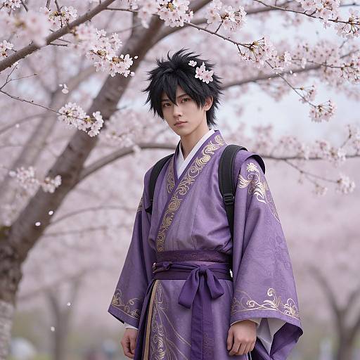 Young man in purple, ornate kimono stands under cherry blossom tree, black hair spiky, backpack over shoulder, soft spring light. Digital art