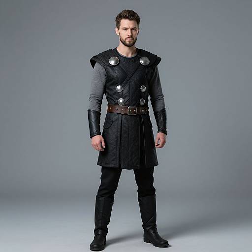 Photograph of a bearded man with short brown hair, wearing a black, medieval-style tunic with silver buttons, gray long sleeves, brown belt
