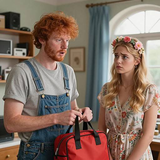 Surprised Man and Sad Woman in Cluttered Room