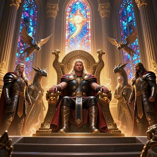 Digital artwork of a muscular, armored king with long hair, seated on a golden throne, flanked by winged, dragon-headed guards, in a