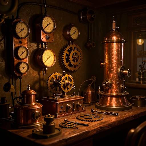 Steampunk workshop photograph: copper clock mechanisms, brass gears, illuminated dials, warm orange lighting, wooden table, vintage industrial aesthetic.