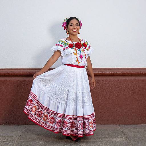 Photograph of a smiling Latina woman wearing a white, embroidered, traditional Mexican dress with red floral patterns, red belt, and flower headpiece, standing