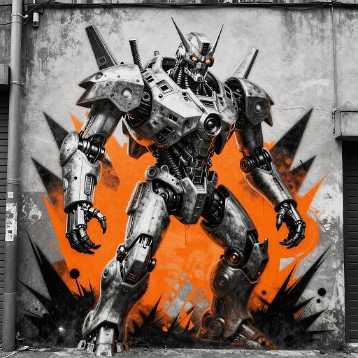 Graffiti-style digital artwork of a towering, detailed, silver robotic warrior with orange explosive background, standing on a weathered concrete wall.