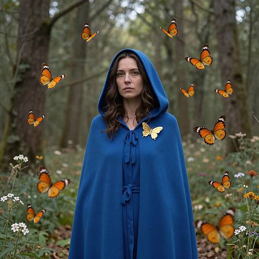 Photograph of a woman in a vibrant blue hooded cloak standing in a forest, surrounded by floating orange and yellow butterflies.