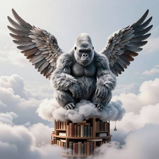 Winged Silverback Gorilla on Bookshelf in Clouds